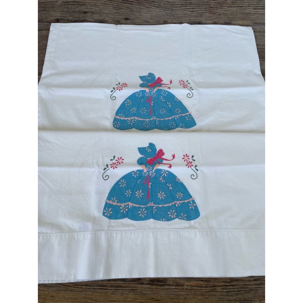 Vintage PIllowcase set Hand Painted blue Sun Bonnet Sue
